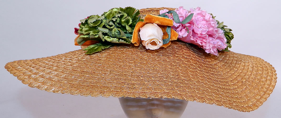 Vintage Woven Natural  Straw Silk Velvet Flowers Wide Brim Summer Cartwheel  Hat.  This sensational summertime sun cartwheel style wide brim hat has a small shallow low crown and oversized stiff brim.