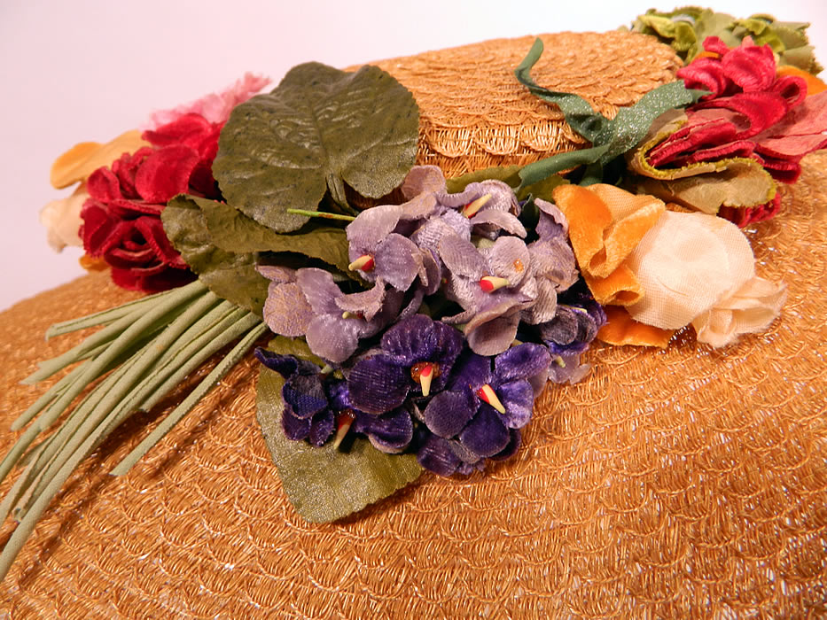 Vintage Woven Natural  Straw Silk Velvet Flowers Wide Brim Summer Cartwheel  Hat. It is in good condition. This is truly a wonderful piece of wearable textile millinery art!