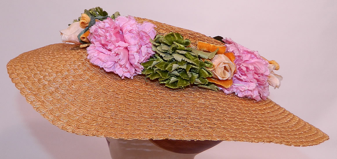 Vintage Woven Natural  Straw Silk Velvet Flowers Wide Brim Summer Cartwheel  Hat. It is in good condition. This is truly a wonderful piece of wearable textile millinery art!