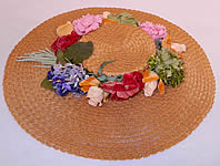 Vintage Woven Natural  Straw Silk Velvet Flowers Wide Brim Summer Cartwheel  Hat