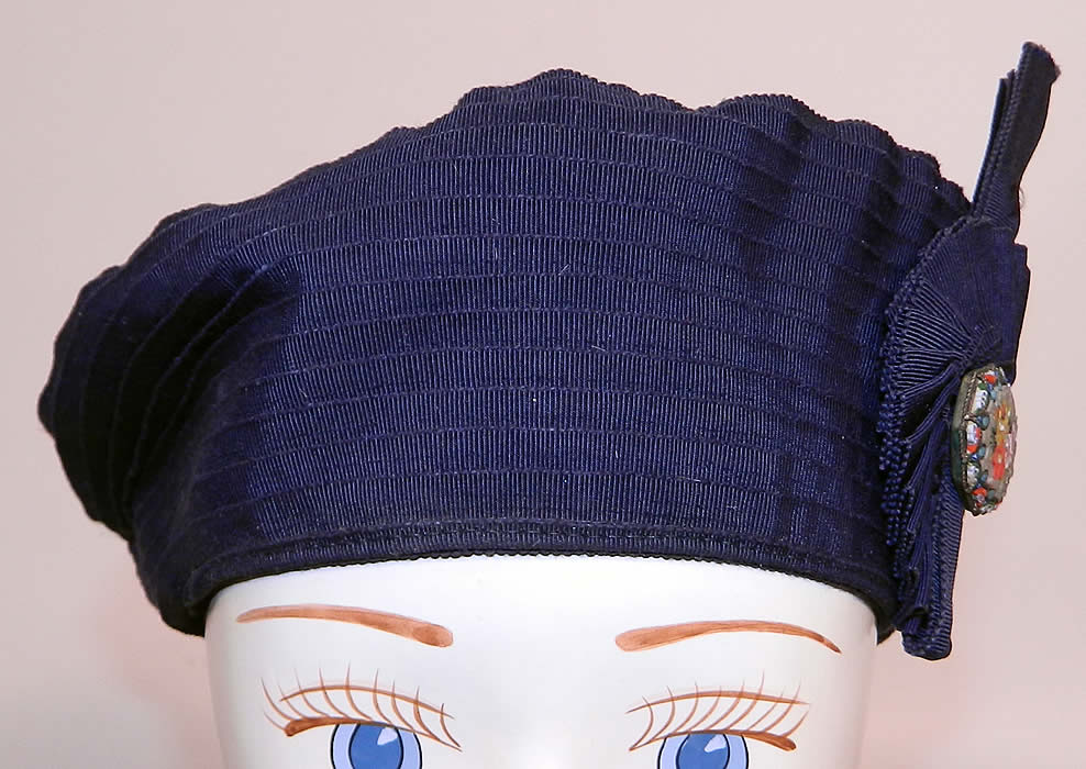 Vintage Eva Mae Navy Blue Pleated Beret Tam Hat & Italian Micro Mosaic Brooch Pin. It is made of a navy blue silk grosgrain ribbed textured fabric, with pleated ribbon work details.