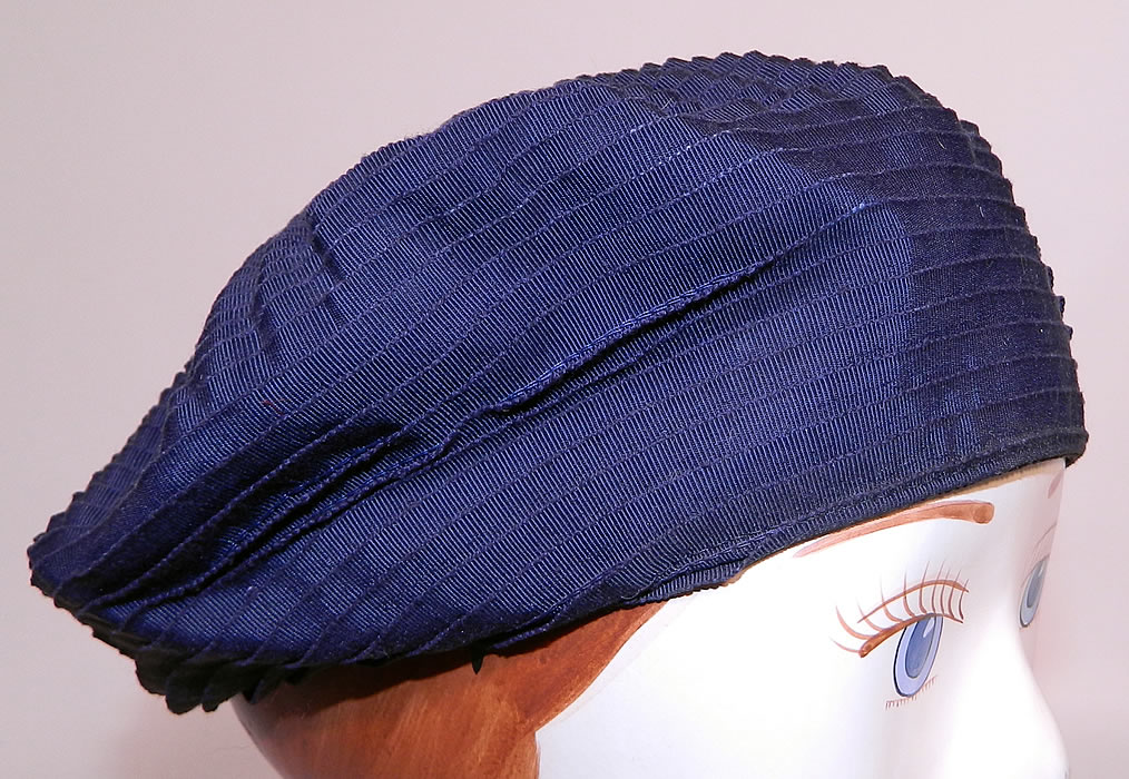 Vintage Eva Mae Navy Blue Pleated Beret Tam Hat & Italian Micro Mosaic Brooch Pin. This beautiful beret style ladies tam hat has a unique layering of ribbon work pleating. 