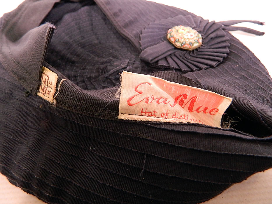 Vintage Eva Mae Navy Blue Pleated Beret Tam Hat & Italian Micro Mosaic Brooch Pin. This is truly a wonderful piece of wearable  millinery art!