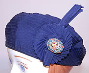 Vintage Eva Mae Navy Blue Pleated Beret Tam Hat & Italian Micro Mosaic Brooch Pin