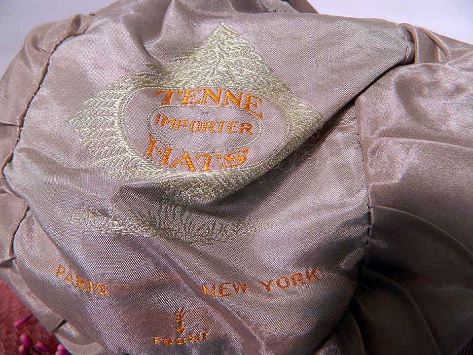 Vintage Tenne Hats Purple Lilac Woven Straw Lavender Flower Flapper Cloche. It is fully lined in silk and has a "Tenne Importer Hats Paris New York" label inside.