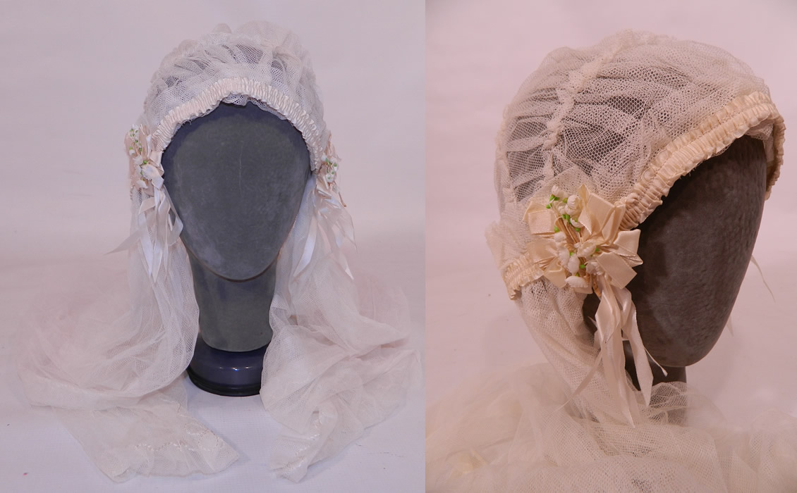 Vintage White Net Lace Silk Ribbon Bridal Bonnet Cap Headpiece Wedding Veil. This vintage white net lace silk ribbon bridal bonnet cap headpiece wedding veil dates from the 1920s.