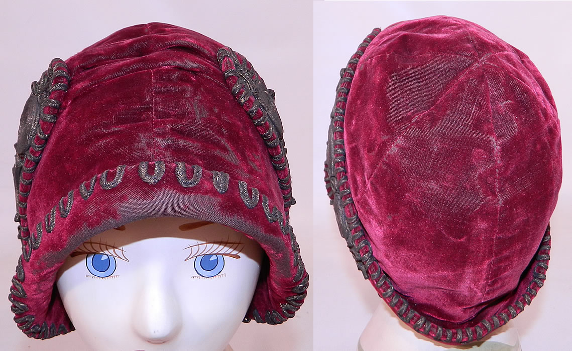 Vintage Art Deco Red Velvet Gold Lam&eacute; Soutache Trim Flapper Cloche Hat. The hat measures 22 inches inside circumference. 