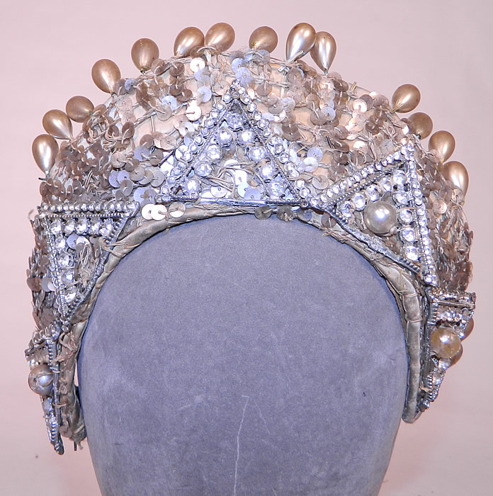 Vintage Sequin Pearl Rhinestone Beaded Tiara Crown Costume Flapper Headpiece. This vintage sequin, pearl, rhinestone beaded tiara crown costume flapper headpiece dates from the 1940s.