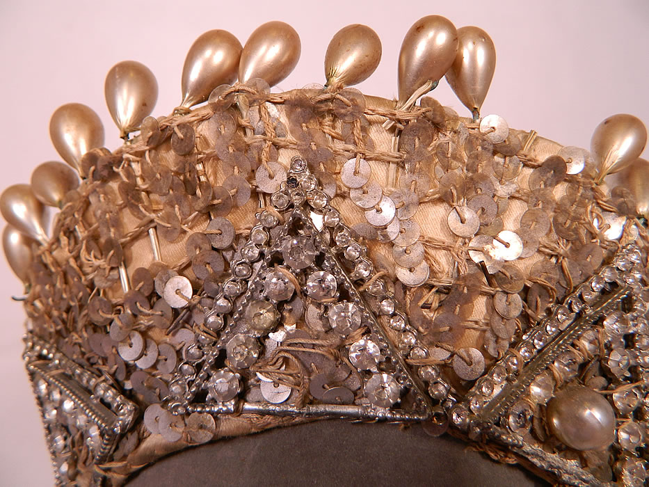 Vintage Sequin Pearl Rhinestone Beaded Tiara Crown Costume Flapper Headpiece. This fabulous flapper Art Deco style showgirl dance costume headpiece has a diadem tiara crown style, with large pearl droplets fastened along the top and an elastic band on the back for securing on the back of the head.