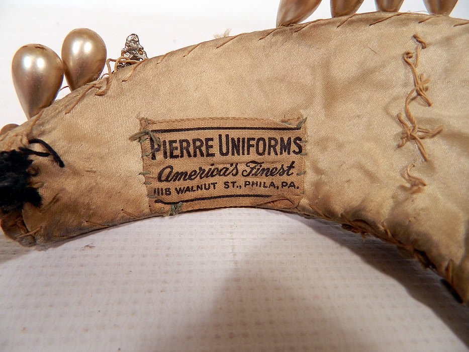 Vintage Sequin Pearl Rhinestone Beaded Tiara Crown Costume Flapper Headpiece. There is a "Pierre Uniforms America's Finest" label sewn inside. 