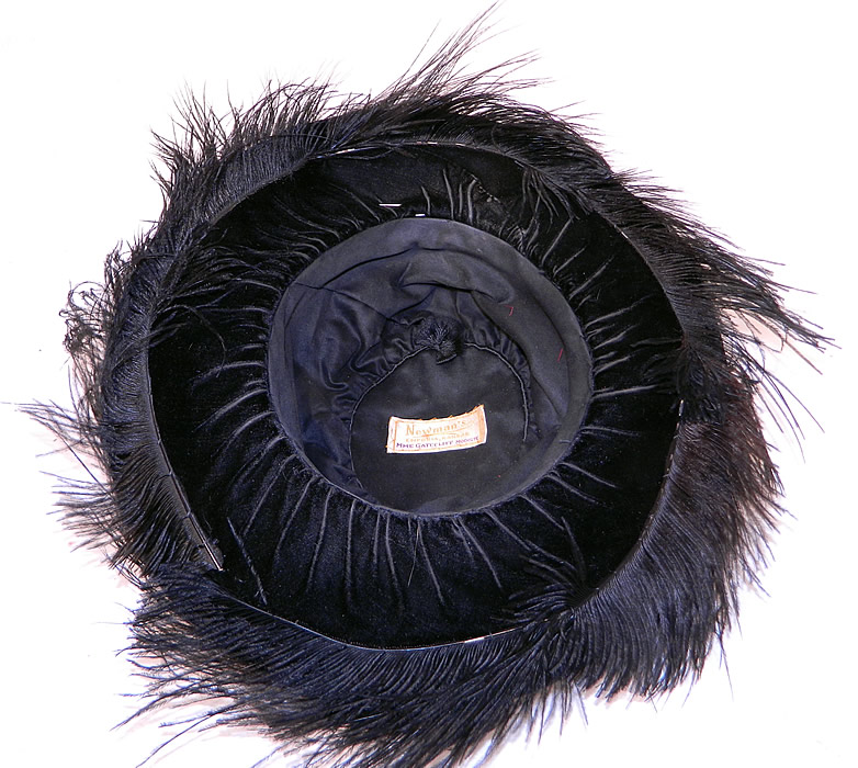 Edwardian Vintage Madame Gatecliff Modiste Black Velvet Lace Feather Trim Wide Brim Hat. The hat measures 23 inches inside crown circumference and 44 inches outside the brim.