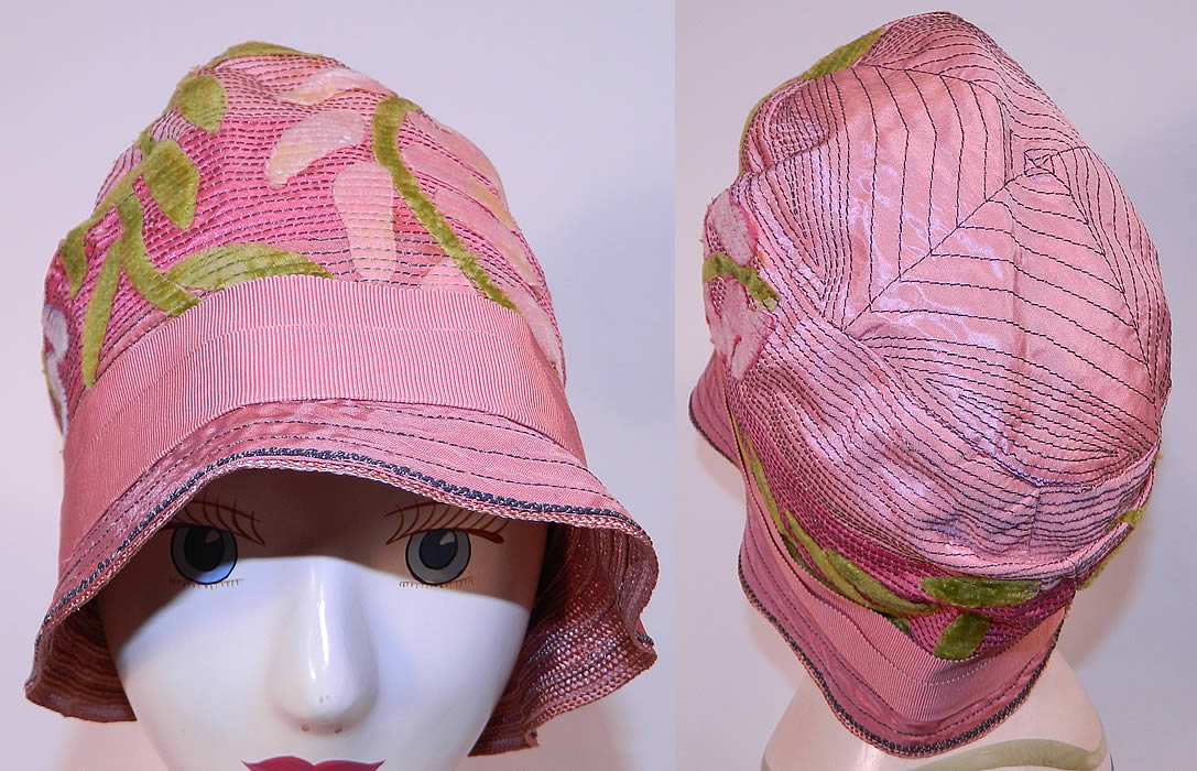 Vintage Art Deco Pink Silk Burnout Voided Velvet Floral Quilted Flapper Cloche Hat
The hat measures 22 inches inside crown circumference. 