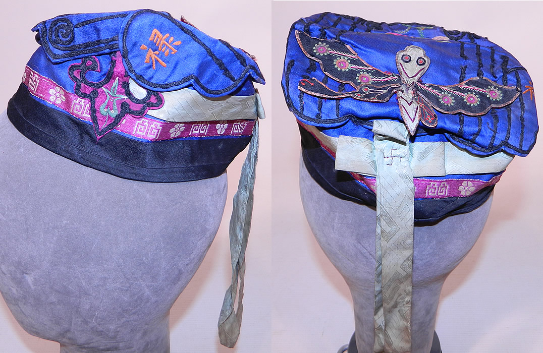 Antique Chinese Child Infant Silk Embroidered Butterfly Wind Hat Cap
The lotus flower is a symbol of purity and the butterfly represents beauty, long life. There is a blue silk ribbon hanging down the back with a stitched swastika the Chinese character for longevity.