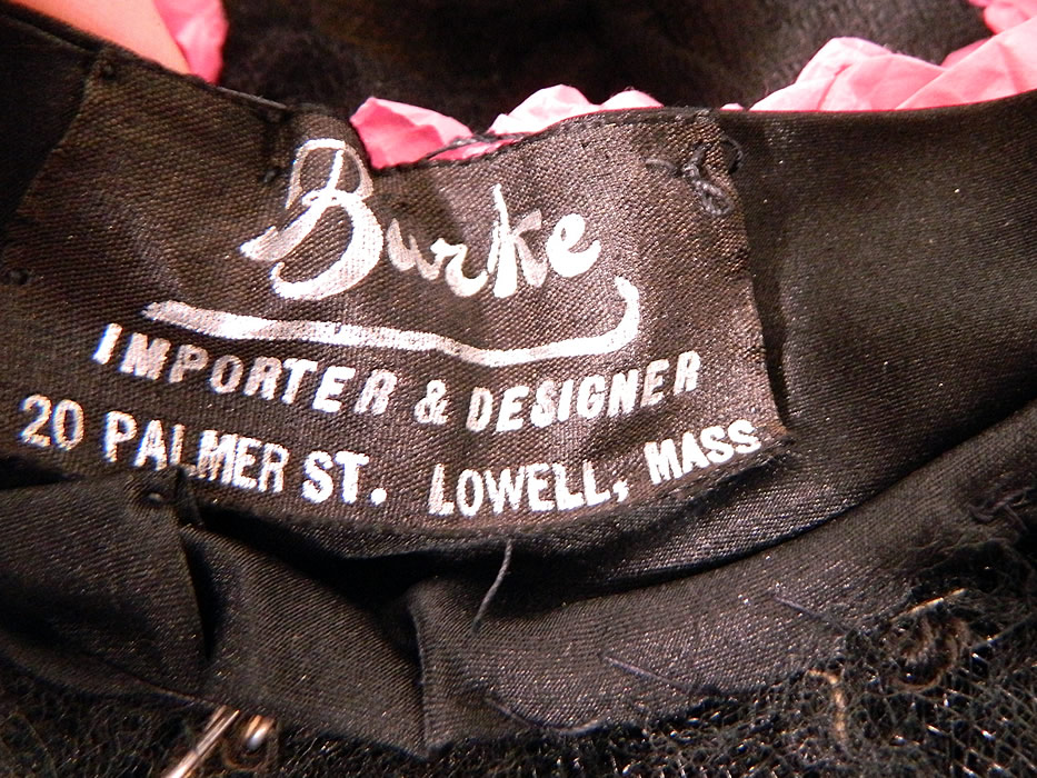 Vintage Burke Beaded Black Woven Horse Hair Straw Sheer Wide Brim Cloche Hat
There is black silk sweatband inside with a "Burke Importer & Designer 20 Palmer St. Lowell , Mass." label. 