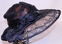 Vintage Burke Beaded Black Woven Horse Hair Straw Sheer Wide Brim Cloche Hat