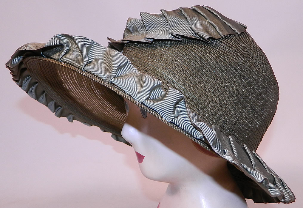 Vintage Sage Green Straw Silk Ribbon Ruffle Trim Wide Brim Cloche Hat
