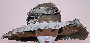 Vintage Sage Green Straw Silk Ribbon Ruffle Trim Wide Brim Cloche Hat
