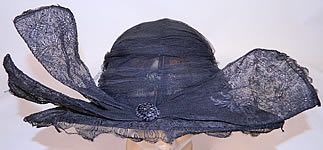 Vintage Black Chantilly Lace Wired Wing Trim Wide Brim Cloche Hat
