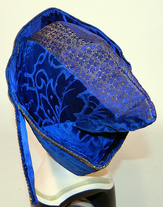 Vintage Hungary Regional Folk Costume Blue Burnout Voided Velvet Gold Trim Cap Archers Hat
