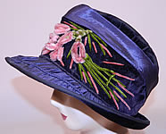 Vintage Periwinkle Silk Velvet Wide Brim Chenille Embroidered Flower Flapper Cloche Hat
