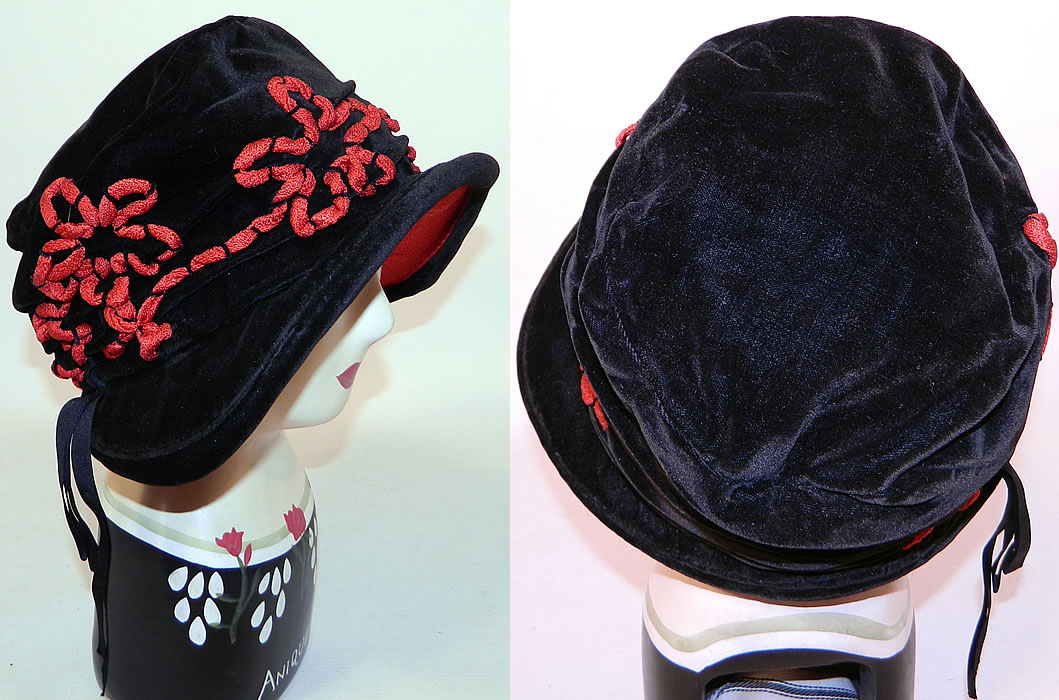 Vintage Black Velvet Red Soutache Embroidered Flower Flapper Cloche Hat
It is made of a black velvet fabric, with red raised soutache embroidered flowers and red silk lining backing under the brim.