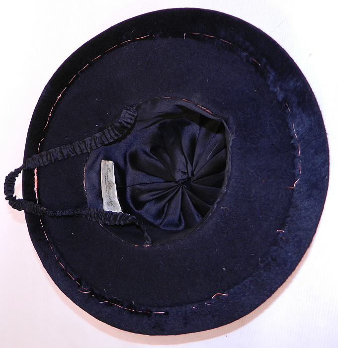 Edwardian Belle Epoque Black Plush Velvet Pink Silk Rosette Embroidered Wide Brim Hat
This is truly a wonderful piece of wearable millinery art! 