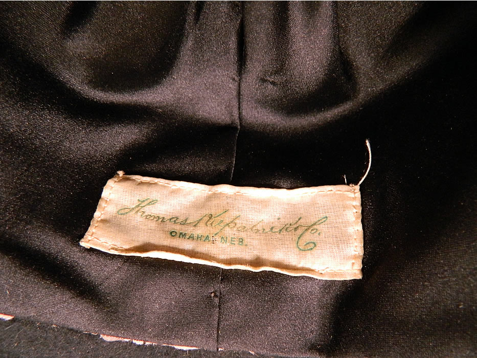 Edwardian Belle Epoque Black Plush Velvet Pink Silk Rosette Embroidered Wide Brim Hat
There is a "Thomas Kepalniko Co. Omaha, Neb." label sewn inside. 