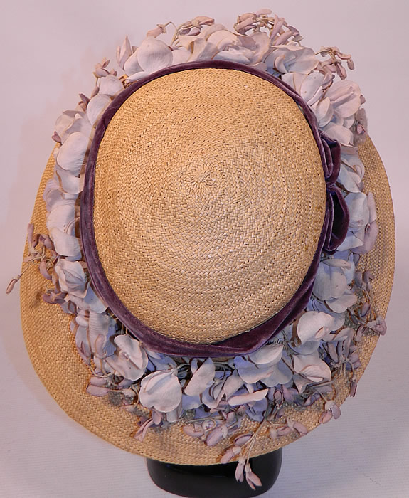 Edwardian Woven Natural Straw Purple Velvet Violet Flower Trim Wide Brim Hat
This is truly a wonderful piece of wearable millinery art! 