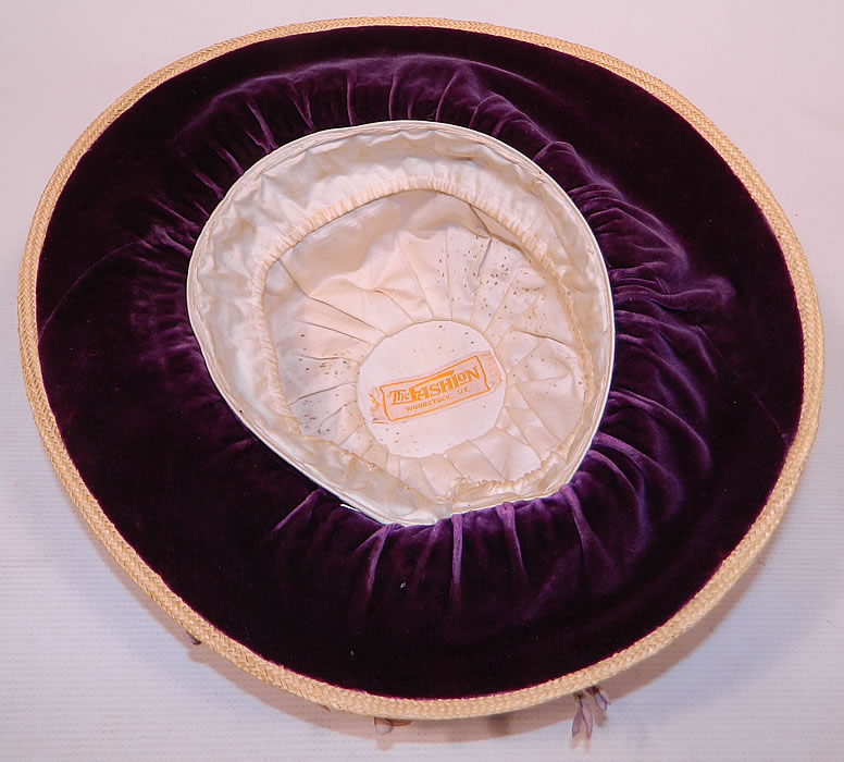 Edwardian Woven Natural Straw Purple Velvet Violet Flower Trim Wide Brim Hat
This beautiful Belle Epoque straw summer hat has a wide brim, white silk lining with "The Fashion Woodstock, VT." label inside. It is in good condition, with only some age spotting on the inside silk lining. 