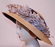 Edwardian Woven Natural Straw Purple Velvet Violet Flower Trim Wide Brim Hat
