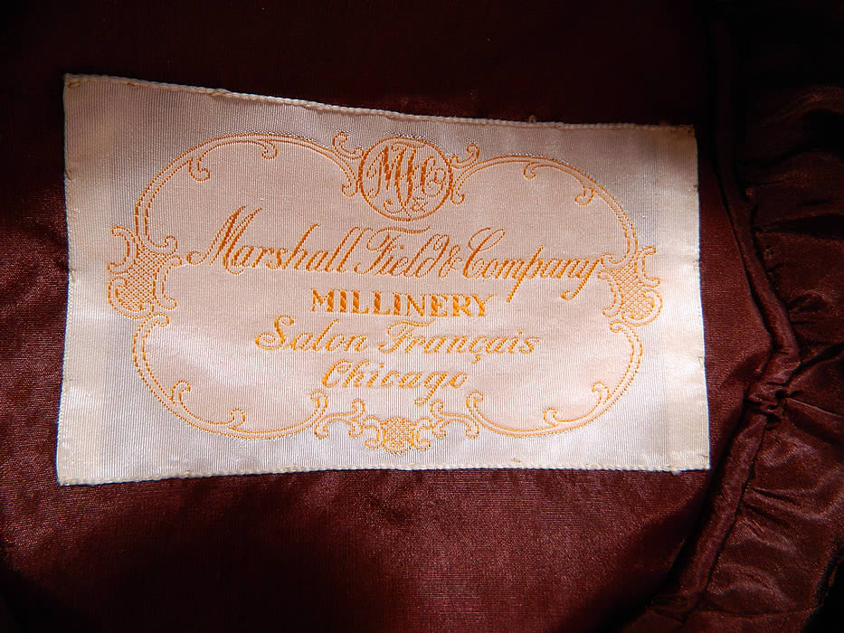 Edwardian Belle Epoque Taupe Silk Autumn Fall Floral Foliage Trim Wide Brim Hat
There is a "Marshall Field & Company Millinery Salon Francais Chicago" label sewn inside. 