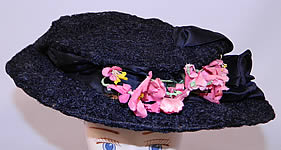 Victorian Black Woven Horse Hair Straw Pink Floral Wide Brim Hat Hatpin
