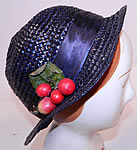 Vintage Navy Blue Woven Straw Red Cherry Silk Ribbon Bow Trim Childs Cloche Hat
