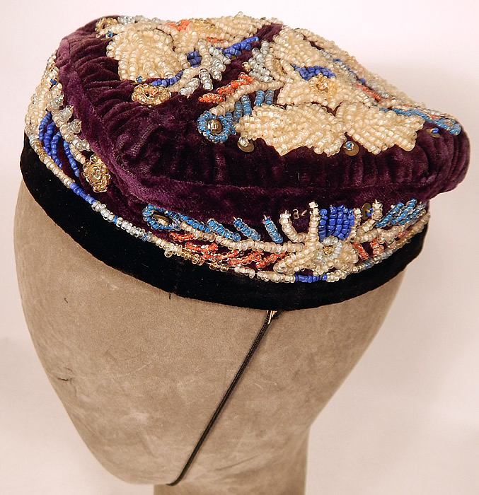 Antique Uzbek Beaded Velvet Victorian Smoking Cap Duppi Hat Tubeteika
It is hand stitched, made of a dark purple plum color velvet fabric, with colorful bead work decorative designs.