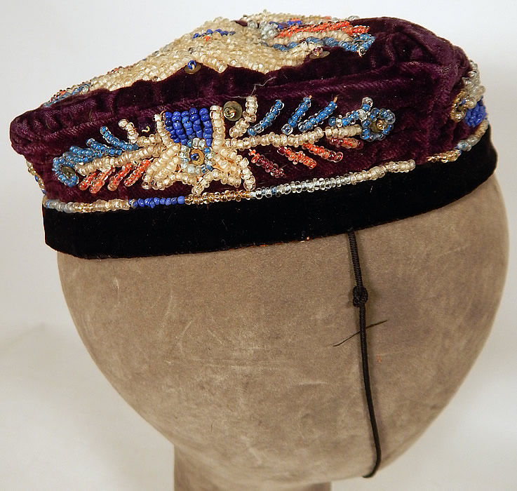 Antique Uzbek Beaded Velvet Victorian Smoking Cap Duppi Hat Tubeteika
The hat measures 19 inches inside circumference. 