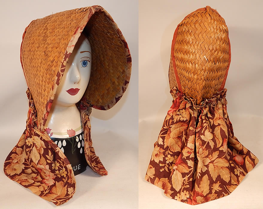 Victorian Womens Woven Natural Straw Chintz Curtain Sunbonnet Sunhat Bonnet
This antique Victorian womens woven natural straw chintz curtain sunbonnet sunhat dates from the 1880s. It is made of a woven natural straw basket weave, with a colorful floral print chintz calico cotton fabric flounce on back