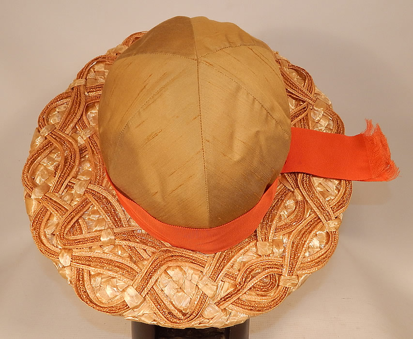 Vintage Schiaparelli Paris Yellow Orange Silk Woven Natural Straw Raffia Wide Brim Hat
The hat measures 21 inches in circumference inside and a 3 1/2 inch wide brim. 