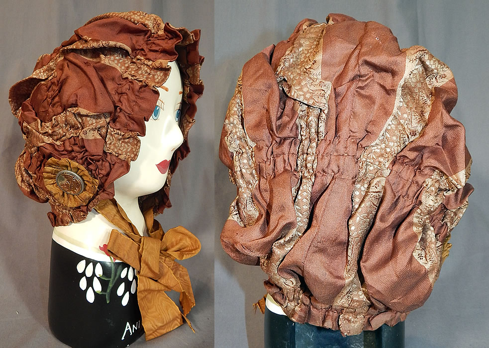 Victorian Brown Silk Ruched Ribbon Steel Cut Button Trim Carriage Bonnet Travel Cap Hat
There are brown silk rosettes with 1 inch decorative steel cut buttons of log cabins rustic outdoors scenes accenting the sides. 