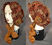 Victorian Brown Silk Ruched Ribbon Steel Cut Button Trim Carriage Bonnet Travel Cap Hat
