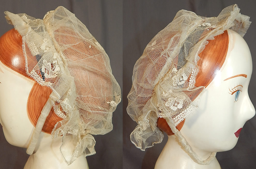 Victorian Civil War Era Antique Cream Net Lace Bed Cap Morning Bonnet Hat
This Victorian Civil War era antique cream net lace bed cap morning bonnet hat dates from the 1860s.