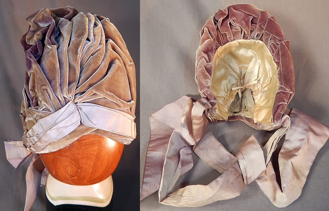 Victorian Purple Lavender Silk Velvet Ruched Gathered Small Half Bonnet Hat
This beautiful bonnet has a small petite half style, with grayish purple lavender silk ribbon ties for securing under the chin and is lined with a white silk fabric, with an "Importer M. Morton 62 Staff St. Rochester, N.Y." label hidden inside.