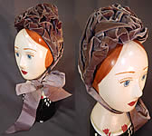 Victorian Purple Lavender Silk Velvet Ruched Gathered Small Half Bonnet Hat

