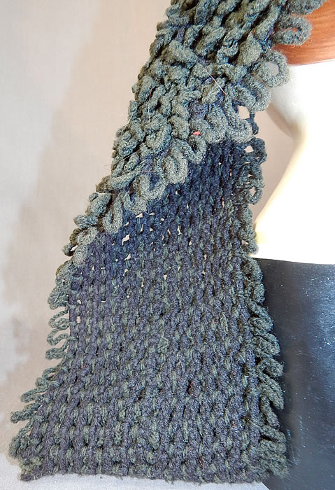 Victorian Black Boucle Looped Wool Hand Knit Winter Bonnet Lappet Scarf
It is in excellent condition. This is truly a rare and wonderful piece of wearable Victoriana hand knit art! 