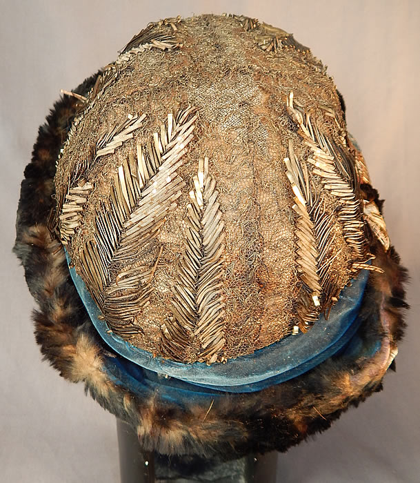 Titanic Edwardian Gold Lamé Lame Lace Beaded Fur Trim Toque Traveling Winter Hat
The hat measures 22 inches in circumference. 