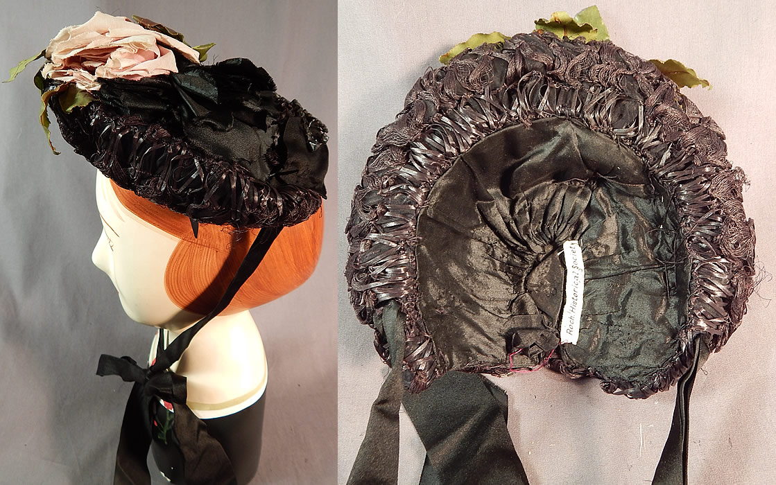Victorian Woven Black Straw Pink Roses Jet Beaded Buckle Trim Bonnet Hat
There is a jet beaded buckle trim accent on the bottom back, missing a piece of the faceted glass insert inside.
