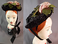 Victorian Woven Black Straw Pink Roses Jet Beaded Buckle Trim Bonnet Hat
