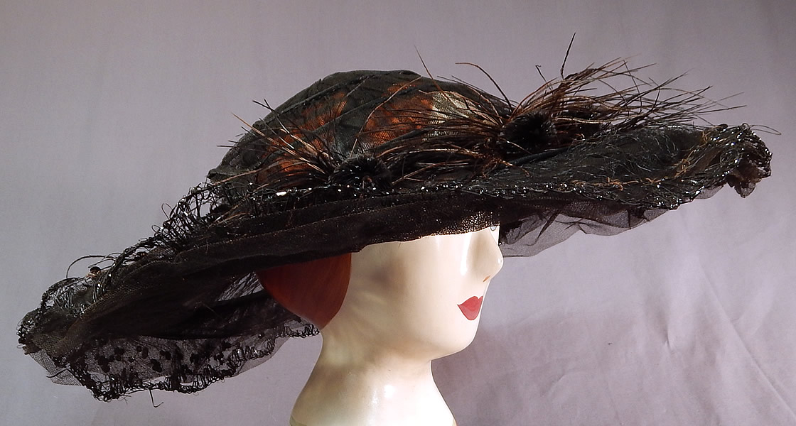 Edwardian Black Tulle Net Sequin Feather Trim Large Wired Wide Brim Hat
This is truly a wonderful piece of millinery wearable art! 