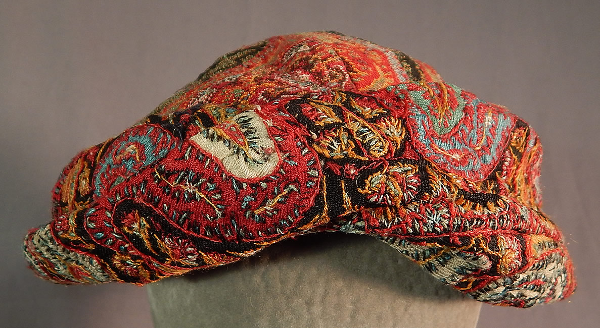 Vintage Lilian Deyber Antique Embroidered Kashmir Wool Paisley Turban Hat
It is made of an antique 19th century jacquard hand loomed woven wool paisley with hand embroidered Kashmir wool pieced patchwork border trim along the brim.
