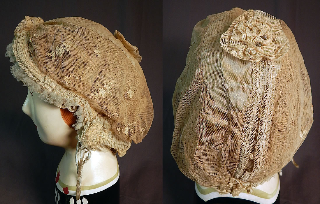 Victorian Cream Tulle Net Lace Blue Silk Chenille Trim Bed Cap Bonnet Hat
There are pale blue silk chenille fringe trim on the front and hanging down the sides. It appears to be home made of a variety of lace pieces and trims patchwork put together and created into a cap.
