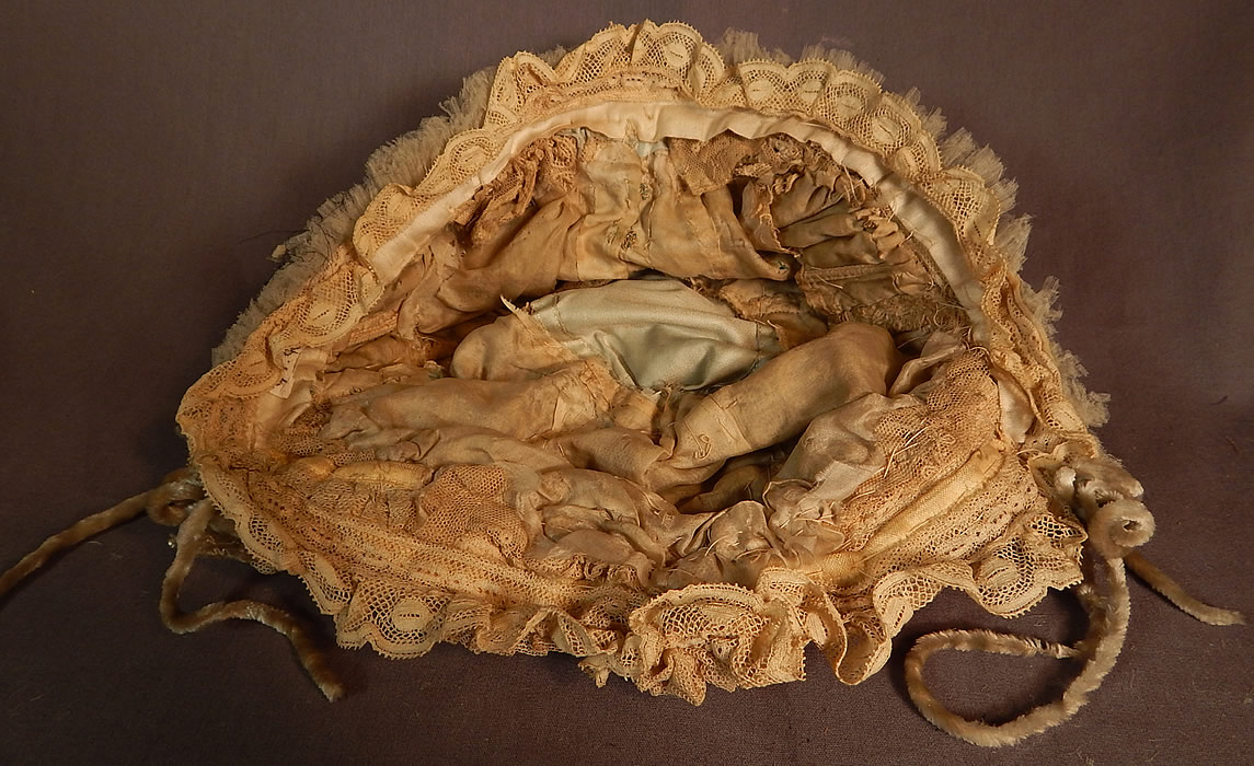 Victorian Cream Tulle Net Lace Blue Silk Chenille Trim Bed Cap Bonnet Hat
The cap measures 24 inches inside circumference.
